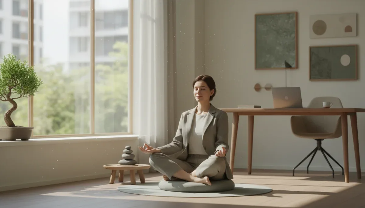 Person meditating to enhance self-awareness in a modern office