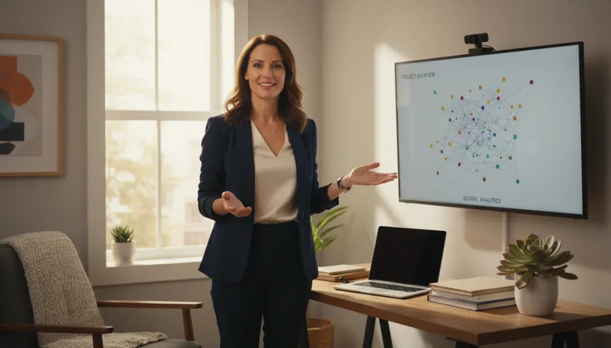 Professional woman thriving in remote gig work, presenting a virtual project from her home office.
