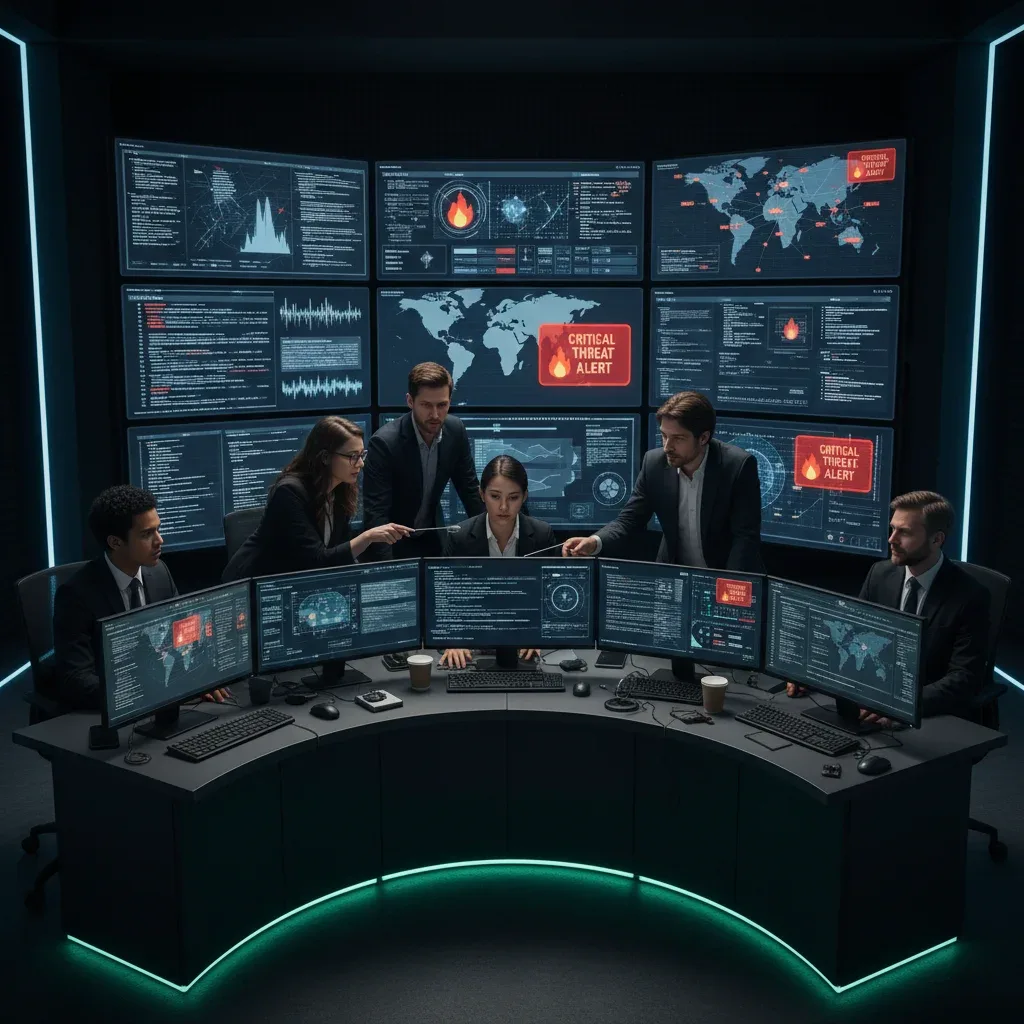 Cybersecurity team actively monitoring threats and responding to incidents in a security operations center.