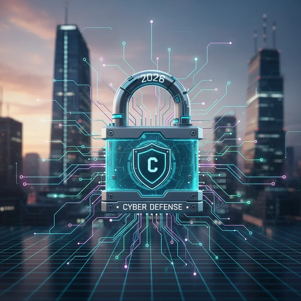 Digital padlock protecting a complex data network, symbolizing cybersecurity in 2026.
