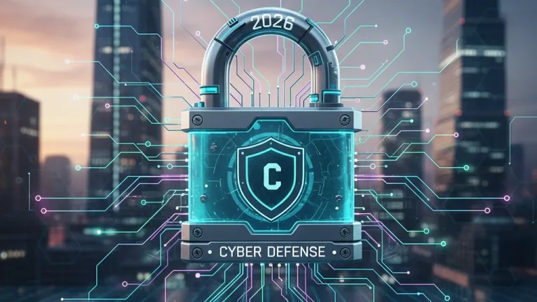 Digital padlock protecting a complex data network, symbolizing cybersecurity in 2026.