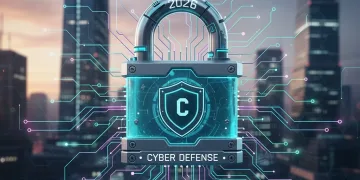 Digital padlock protecting a complex data network, symbolizing cybersecurity in 2026.