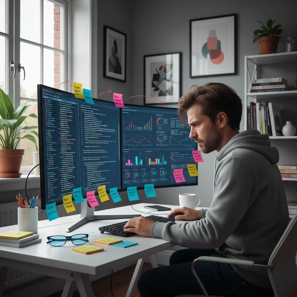 Individual mastering digital skills and problem-solving at home office