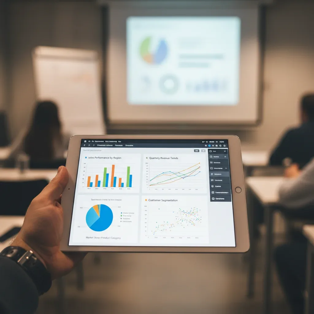 Hand holding tablet showing data analytics software interfaces, emphasizing practical skill application.