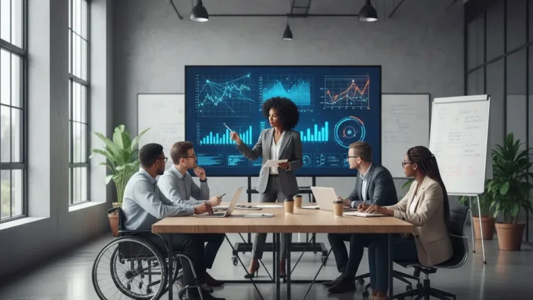 Professionals collaborating on data analytics project, reviewing charts and visualizations in a modern office.
