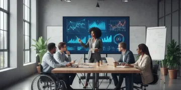 Professionals collaborating on data analytics project, reviewing charts and visualizations in a modern office.