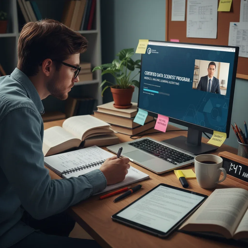 Person taking online certification course for professional skill enhancement.