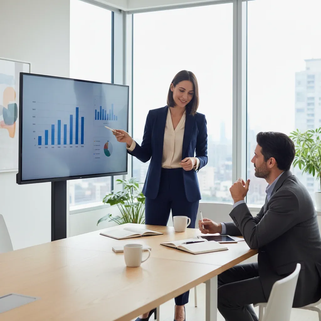 Woman confidently discusses performance review for salary increase