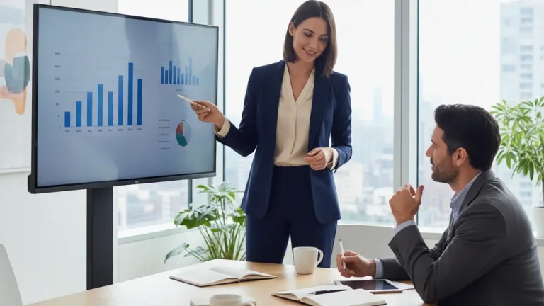 Woman confidently discusses performance review for salary increase