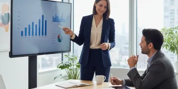 Woman confidently discusses performance review for salary increase