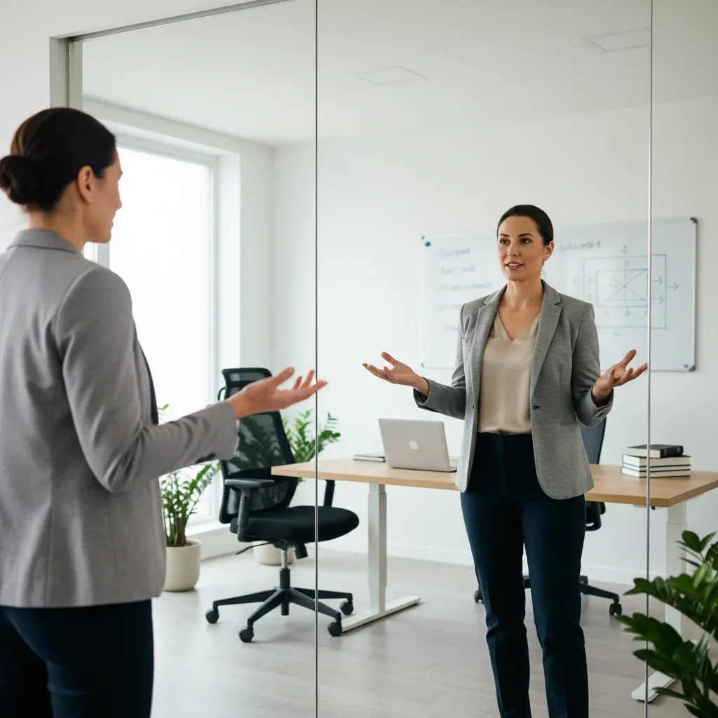 Individual practicing public speaking in front of a mirror to improve presentation skills.