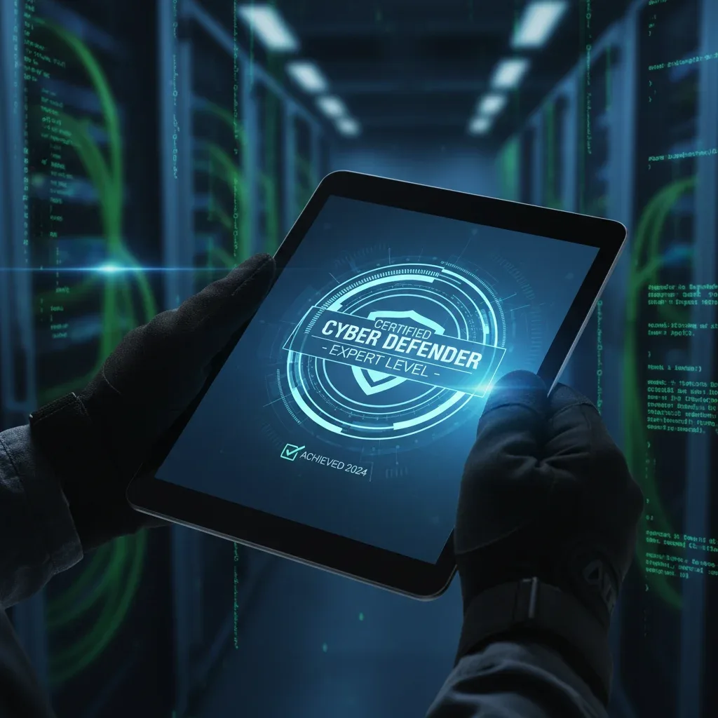 Hand holding a digital cybersecurity certification badge