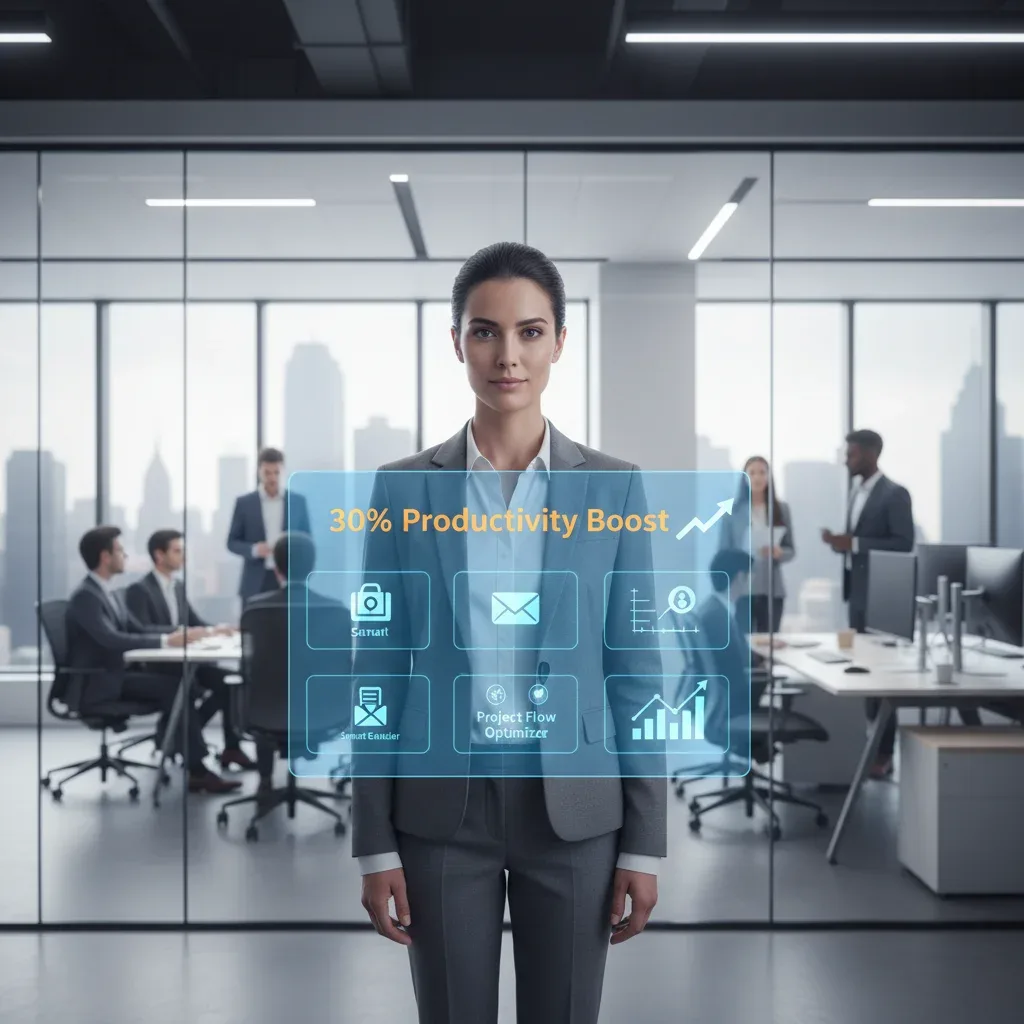 Professional woman using AI tools for career advancement in a modern US office.
