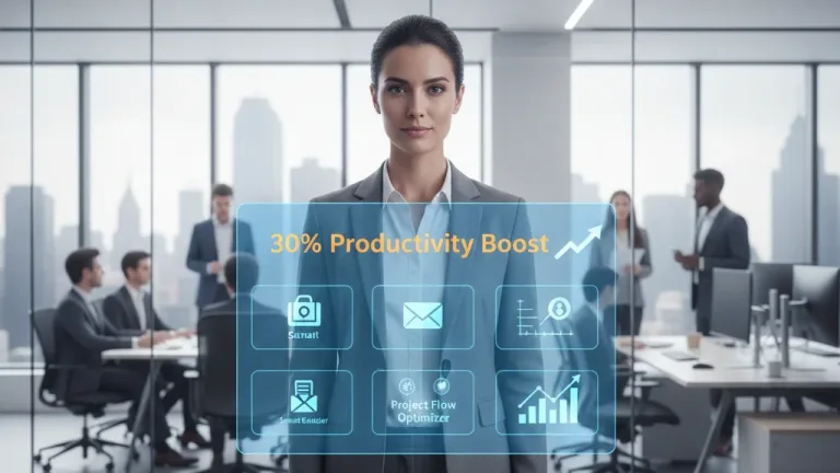 Professional woman using AI tools for career advancement in a modern US office.