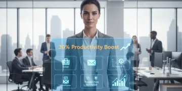 Professional woman using AI tools for career advancement in a modern US office.