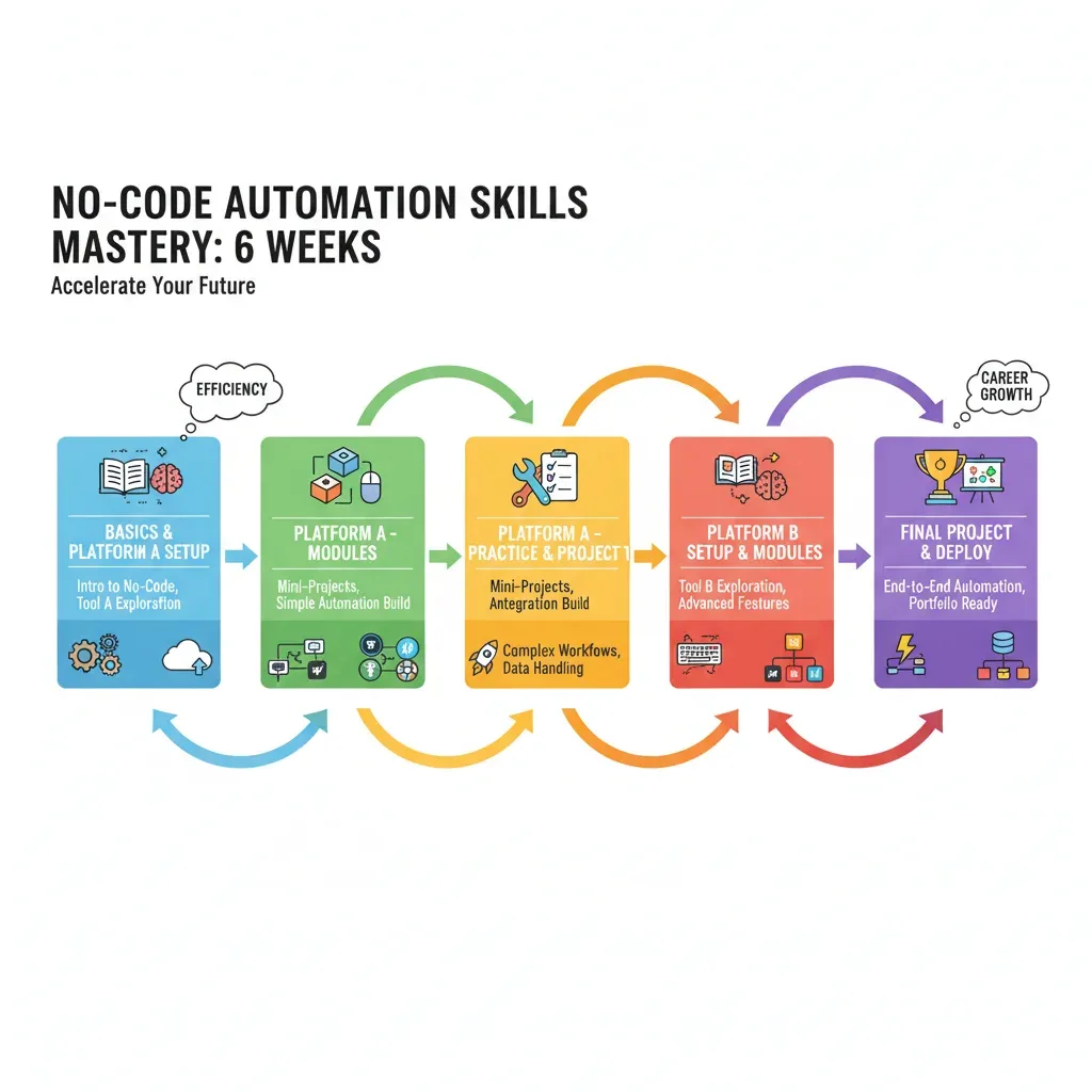Infographic showing a 6-week timeline to acquire two no-code automation skills, highlighting learning and project milestones.