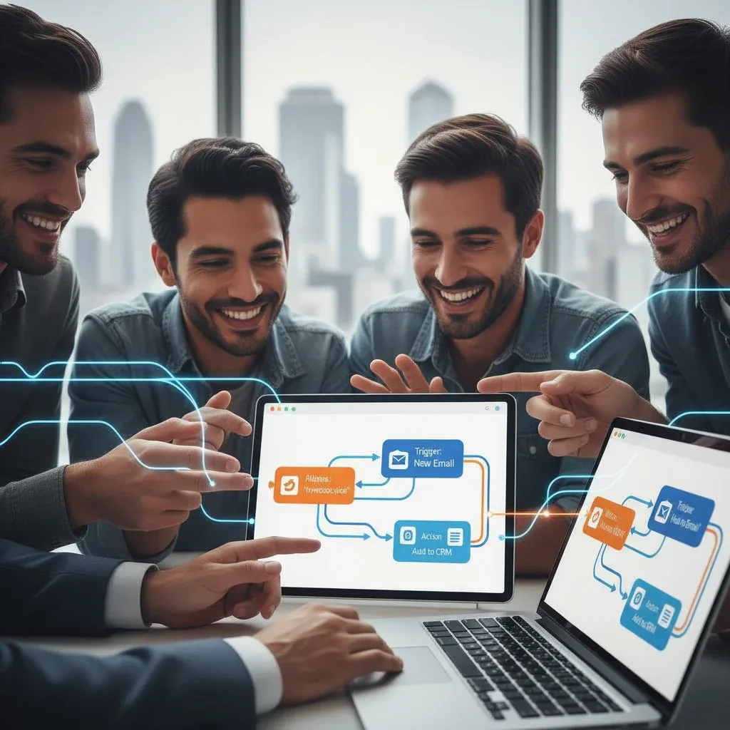 Professionals collaborating on a no-code platform interface, symbolizing rapid automation skill acquisition.