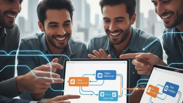Professionals collaborating on a no-code platform interface, symbolizing rapid automation skill acquisition.