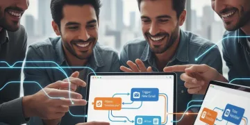 Professionals collaborating on a no-code platform interface, symbolizing rapid automation skill acquisition.