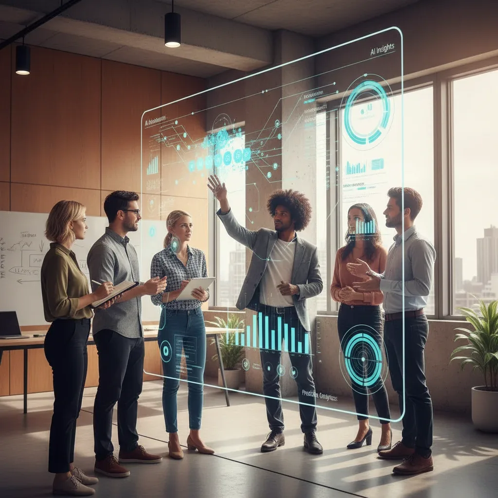 Team collaborating with AI-driven analytics on an interactive screen, showcasing modern workplace skills.
