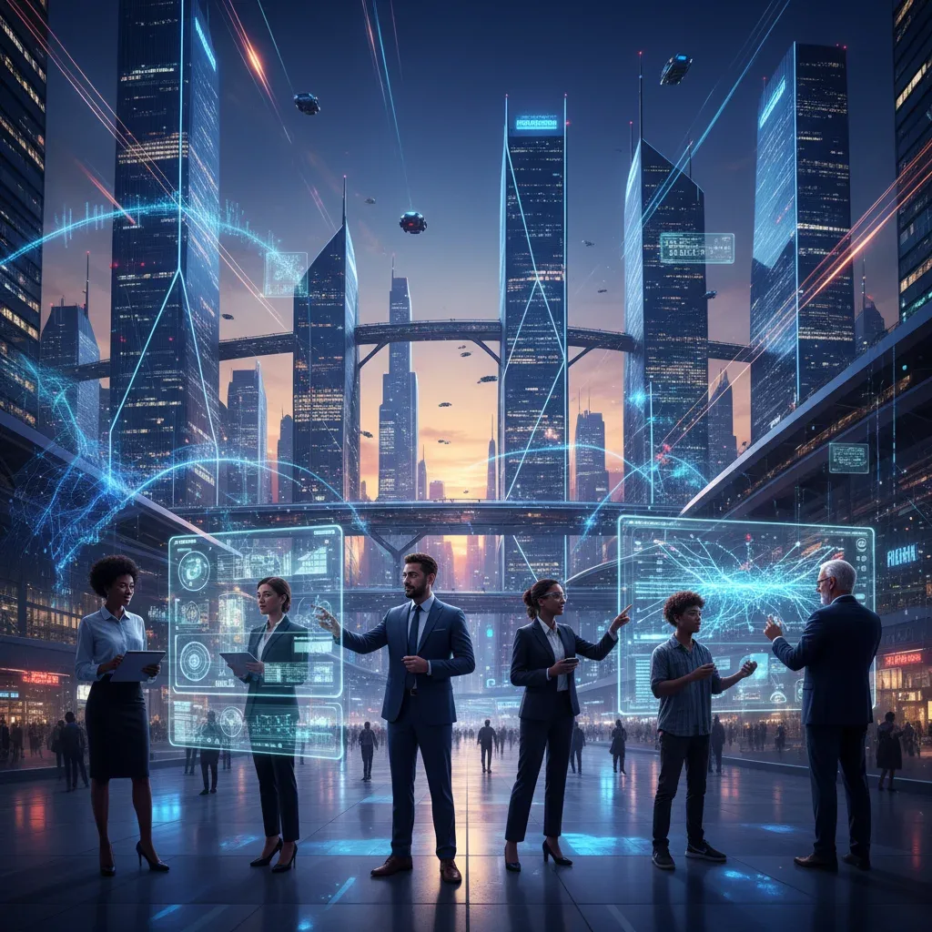 Futuristic cityscape with professionals using AI interfaces in 2026, representing new quick career opportunities.