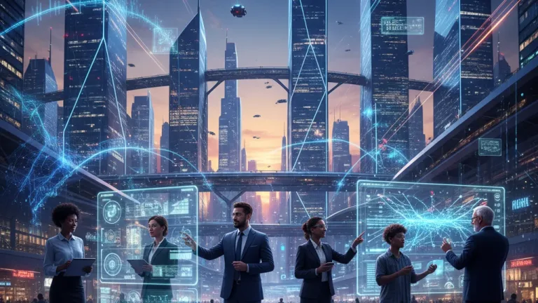 Futuristic cityscape with professionals using AI interfaces in 2026, representing new quick career opportunities.