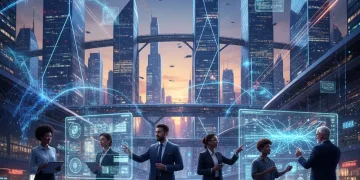 Futuristic cityscape with professionals using AI interfaces in 2026, representing new quick career opportunities.