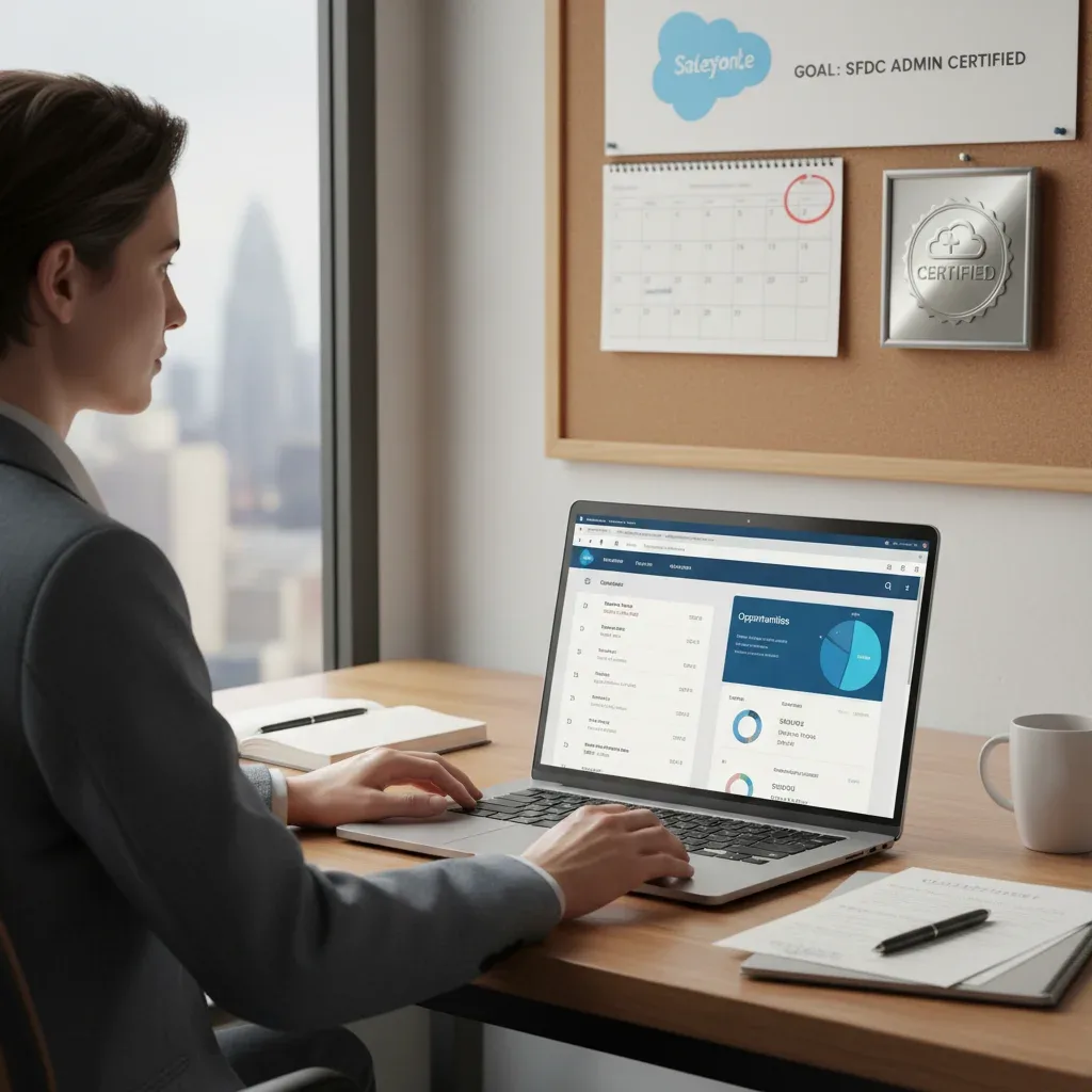 Person studying for Salesforce Administrator certification on a laptop