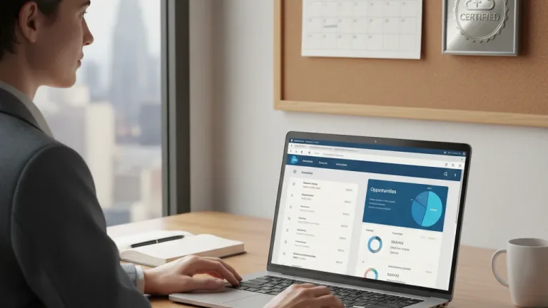 Person studying for Salesforce Administrator certification on a laptop