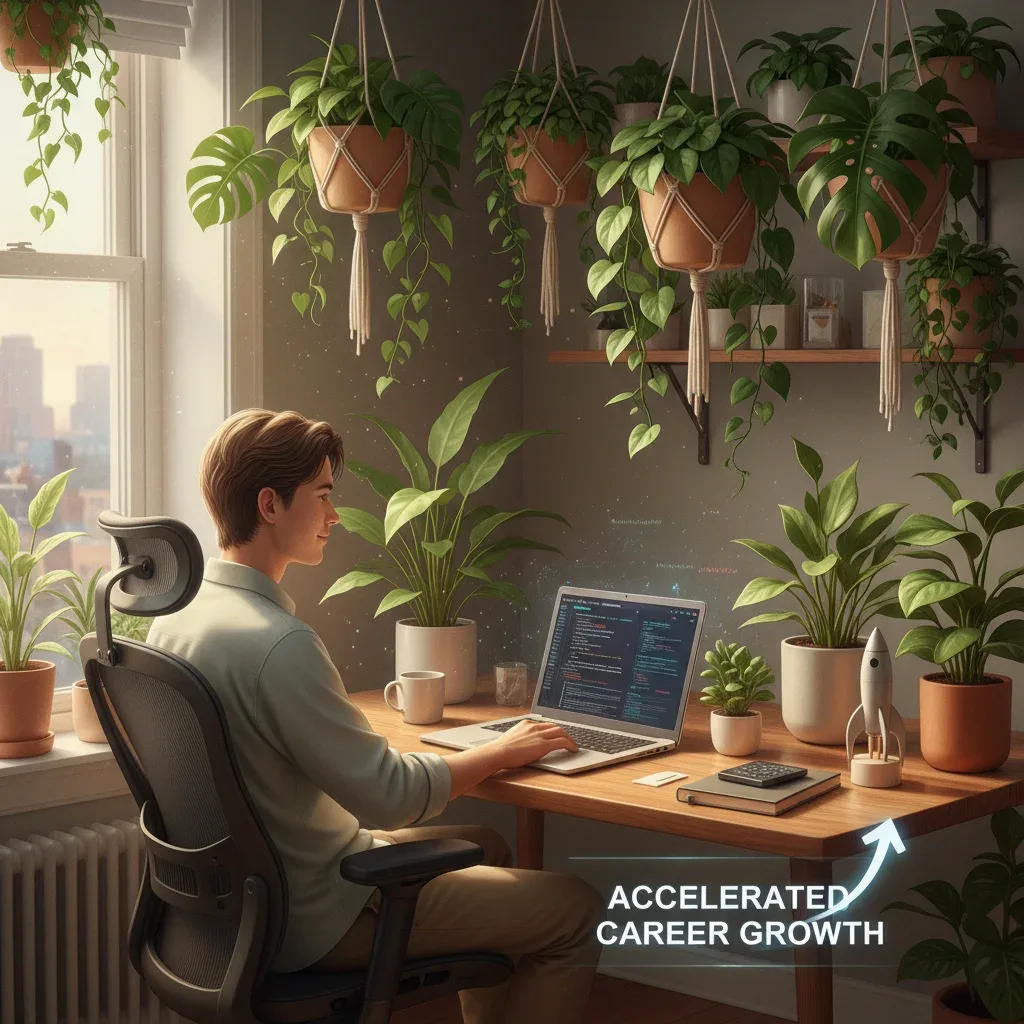 Person working from a comfortable home office, symbolizing remote work benefits.