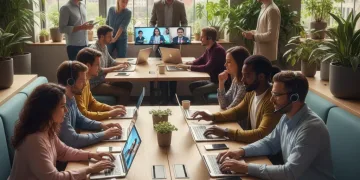 Professionals collaborating in a modern co-working space, embodying quick careers and remote work flexibility.