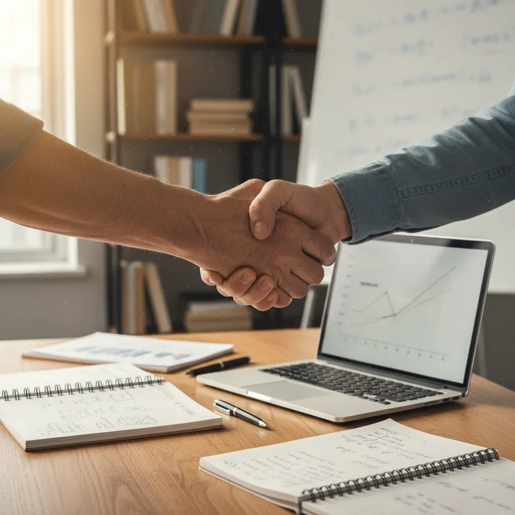 Mentor and mentee shaking hands, symbolizing a strong professional connection and agreement.