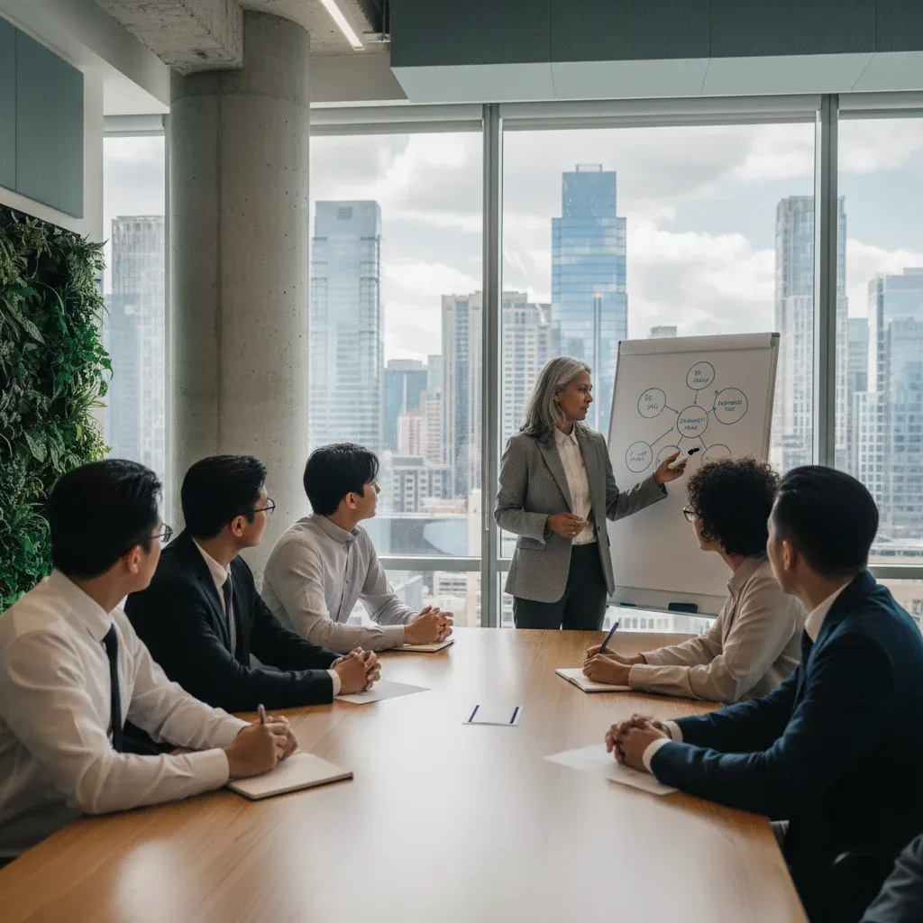 Professionals collaborating in a modern office, symbolizing mentorship and career growth.
