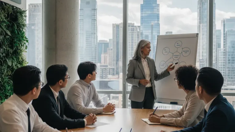 Professionals collaborating in a modern office, symbolizing mentorship and career growth.