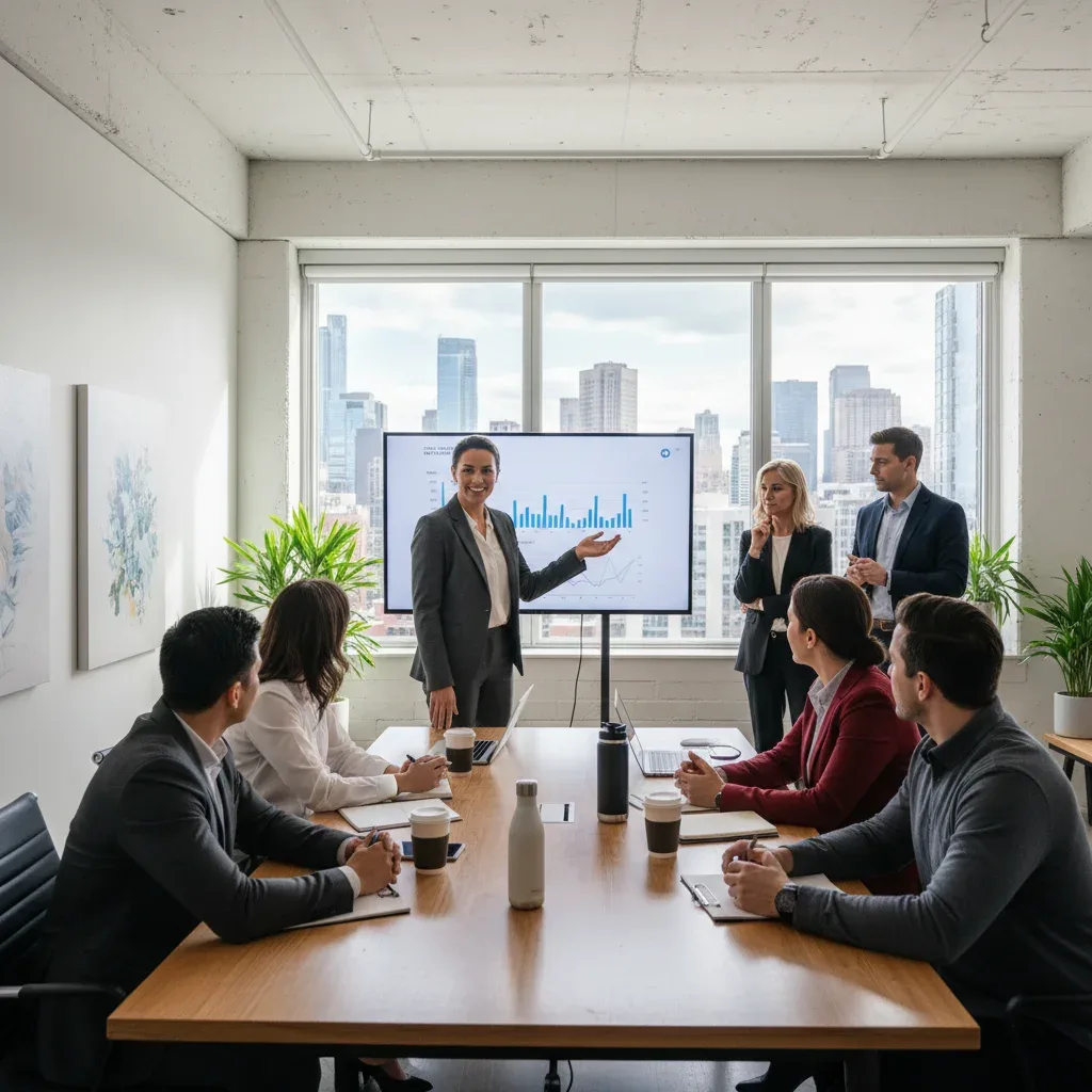 Professionals collaborating in a modern office, symbolizing career progression