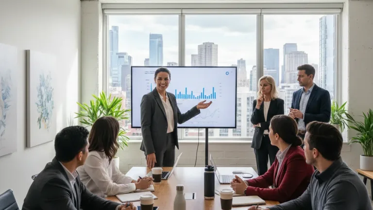 Professionals collaborating in a modern office, symbolizing career progression