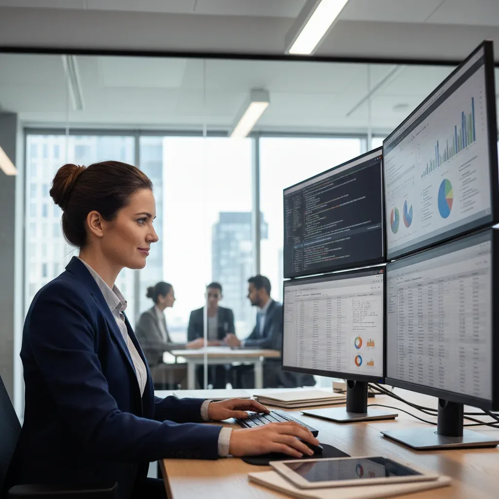 Business analyst using advanced SQL queries on multiple screens