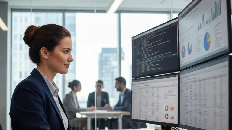Business analyst using advanced SQL queries on multiple screens
