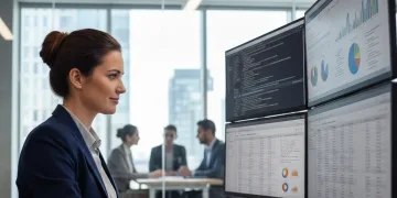 Business analyst using advanced SQL queries on multiple screens