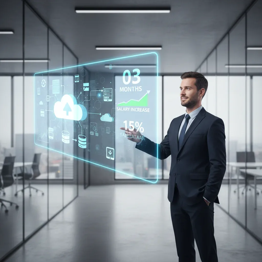 Professional analyzing cloud computing architecture on a holographic screen, indicating rapid skill acquisition and salary growth.