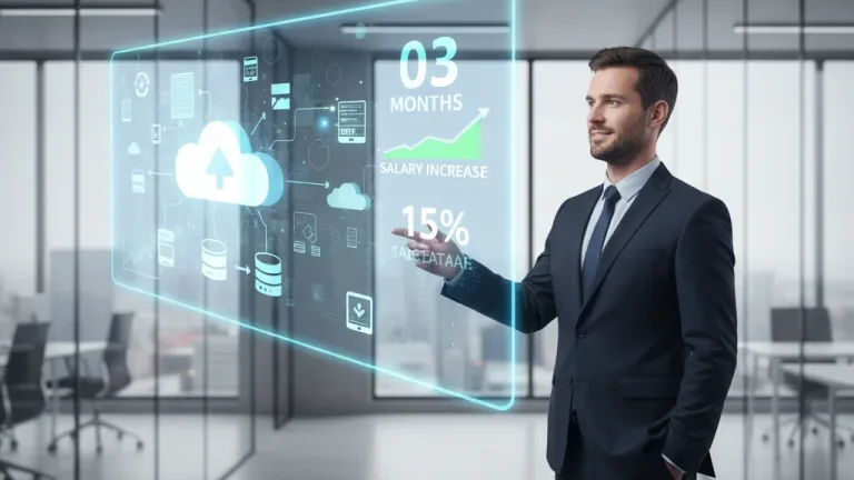 Professional analyzing cloud computing architecture on a holographic screen, indicating rapid skill acquisition and salary growth.