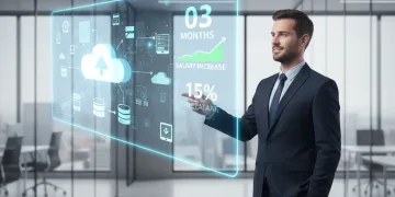 Professional analyzing cloud computing architecture on a holographic screen, indicating rapid skill acquisition and salary growth.