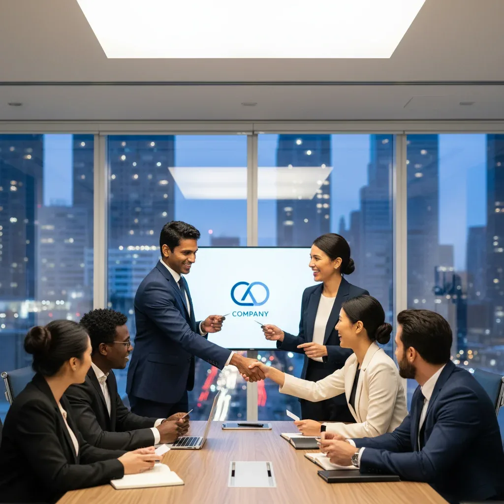 Professionals networking at a US career event, exchanging business cards and making new connections