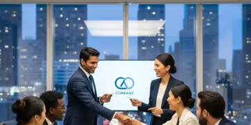 Professionals networking at a US career event, exchanging business cards and making new connections