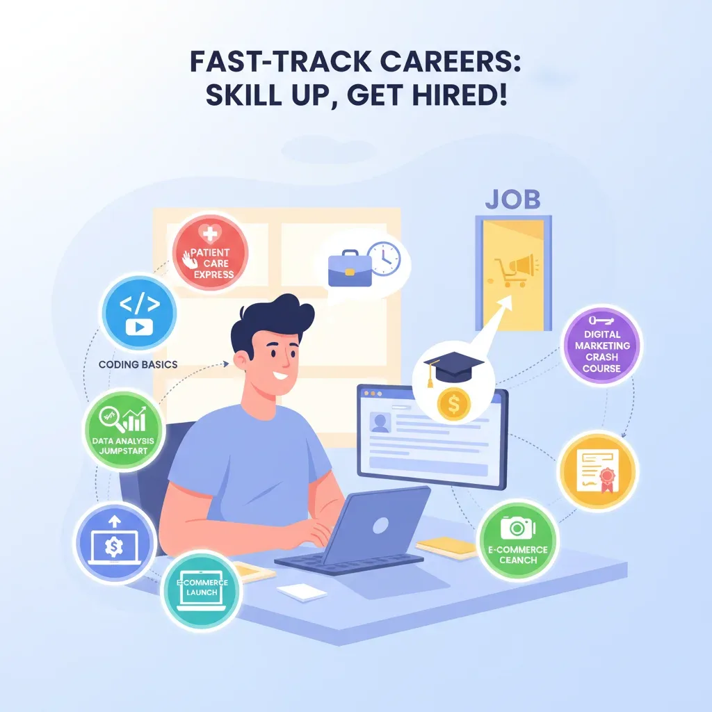 Illustration of online learning for quick career skills, highlighting accessibility and rapid training.