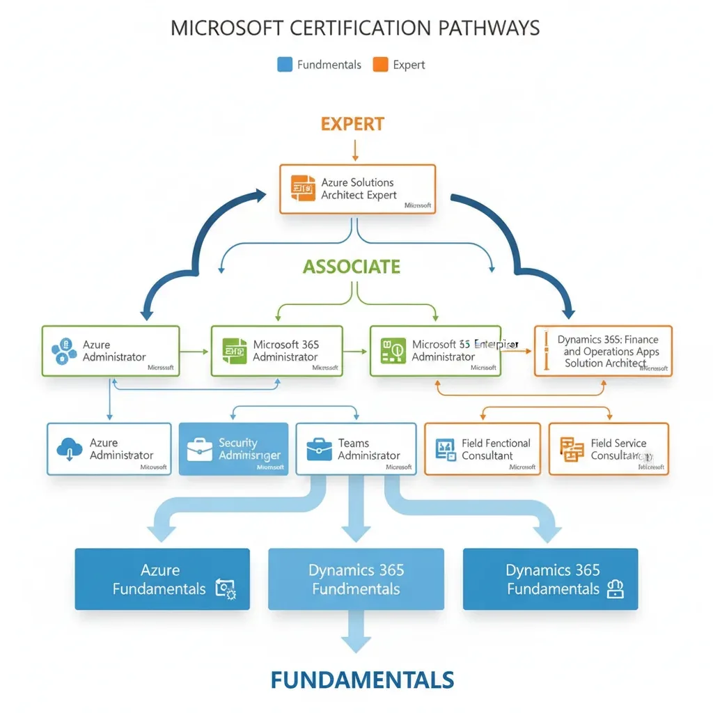 Infographic detailing Microsoft certification pathways and progression levels