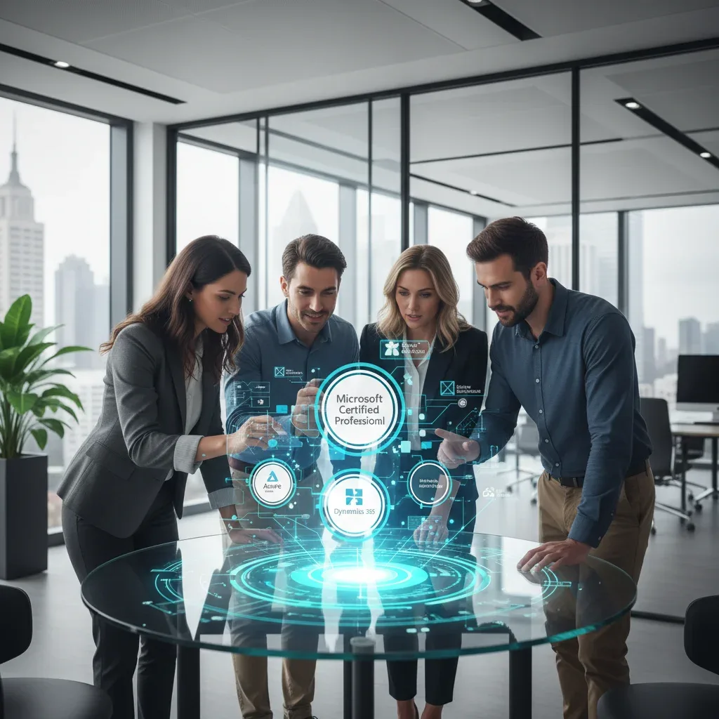 Professionals collaborating around holographic Microsoft certification badges and cloud architecture