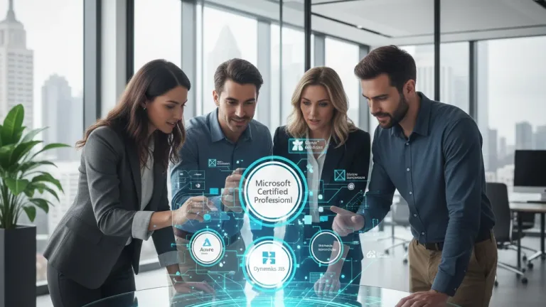 Professionals collaborating around holographic Microsoft certification badges and cloud architecture
