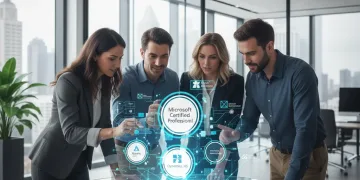 Professionals collaborating around holographic Microsoft certification badges and cloud architecture