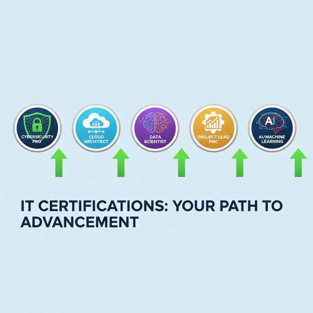 Infographic displaying top 5 IT certification badges and salary growth